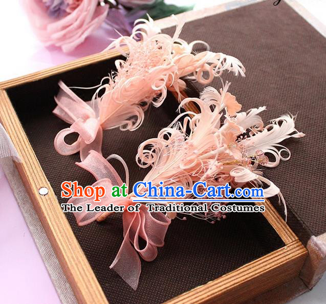 Top Grade Handmade Wedding Bride Hair Accessories Pink Feather Hair Claw, Traditional Princess Baroque Hair Sticks Headpiece for Women