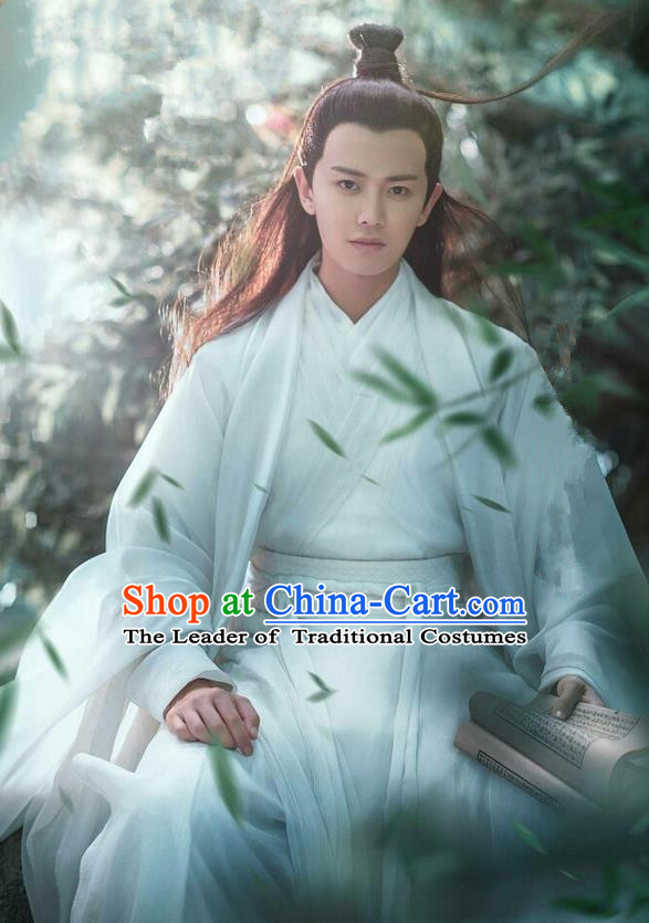 Traditional Ancient Chinese Nobility Childe Costume and Headpiece Complete Set, Elegant Hanfu Prince Clothing Chinese Madam White Snake Scholar Robe Clothing for Men