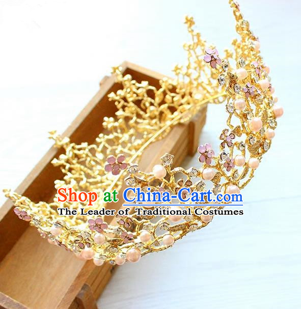 Top Grade Handmade Wedding Hair Accessories Bride Vintage Golden Round Crown, Traditional Baroque Queen Pink Opal Royal Crown Wedding Headwear for Women