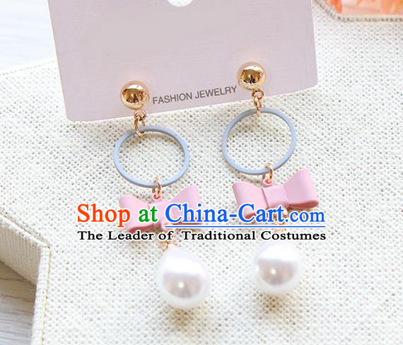 Top Grade Handmade China Wedding Bride Accessories Pearl Earrings, Traditional Princess Wedding Pink Bowknot Eardrop Jewelry for Women
