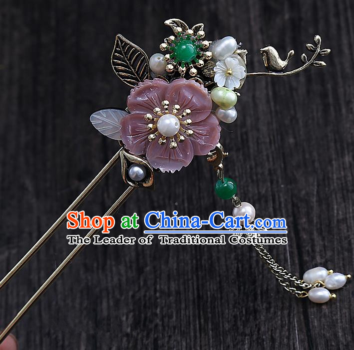 Top Grade Chinese Handmade Wedding Pink Flower Hair Accessories, Traditional China Xiuhe Suit Step Shake Bride Hanfu Tassel Hairpins Headdress for Women