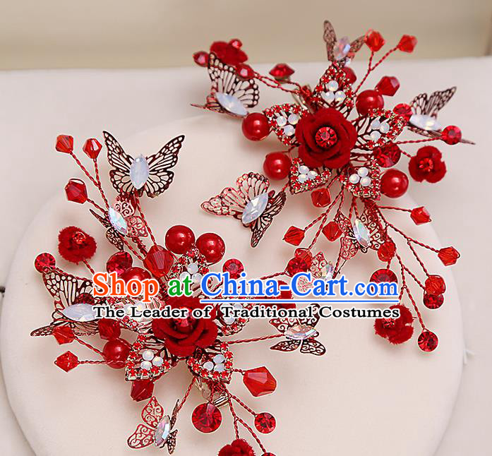 Top Grade Handmade Wedding Bride Hair Accessories Red Hair Claw, Traditional Princess Baroque Hair Stick Headpiece for Women