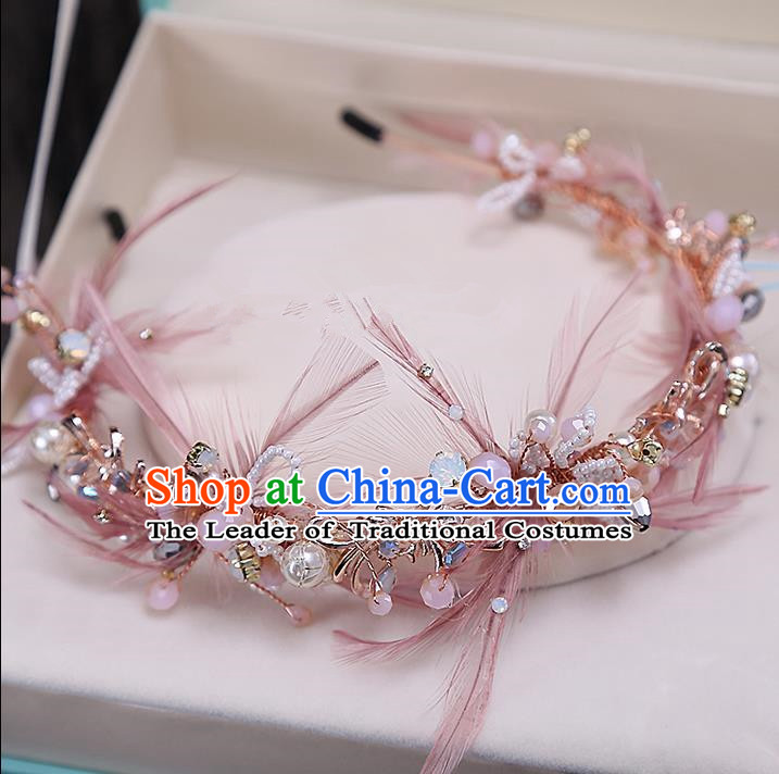 Top Grade Handmade Wedding Bride Hair Accessories Pink Feather Headband Hair Clasp, Traditional Baroque Princess Pearl Hair Stick Headpiece for Women