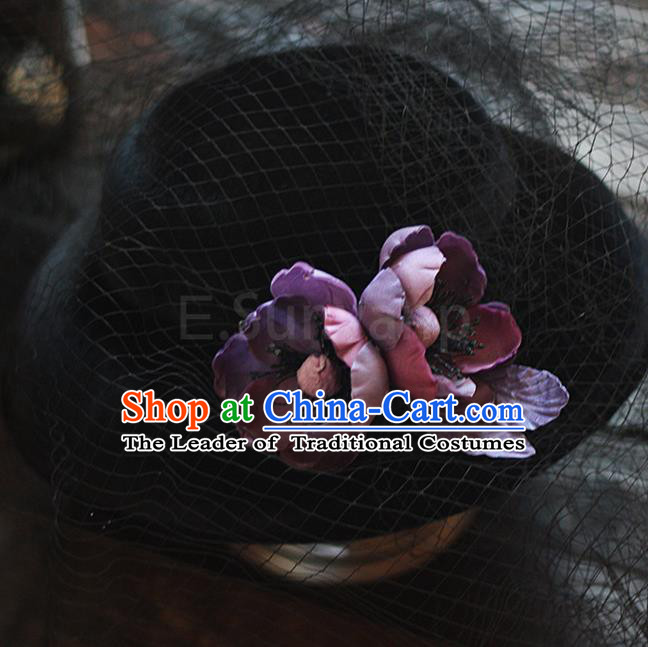 Top Grade Handmade Wedding Hair Accessories Bride Flower Veil Hat, Traditional Baroque Princess Black Top Hat Headpiece for Women