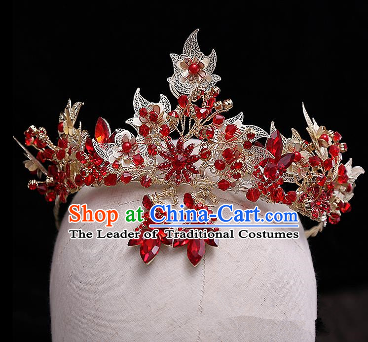 Top Grade Handmade Wedding Hair Accessories Bride Vintage Red Crown and Earrings, Traditional Baroque Princess Crystal Royal Crown Wedding Headwear for Women