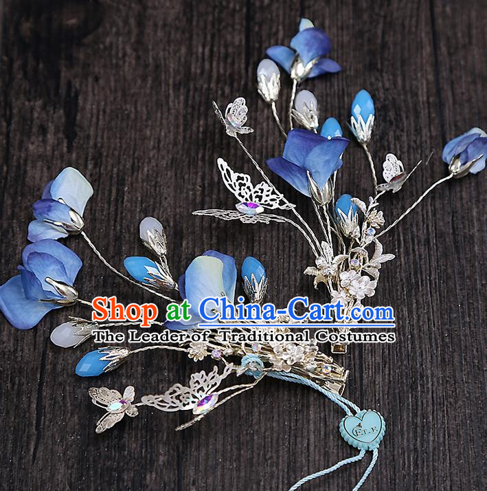 Top Grade Handmade Wedding Bride Hair Accessories Hair Claw, Traditional Baroque Princess Blue Flower Hair Stick Headpiece for Women