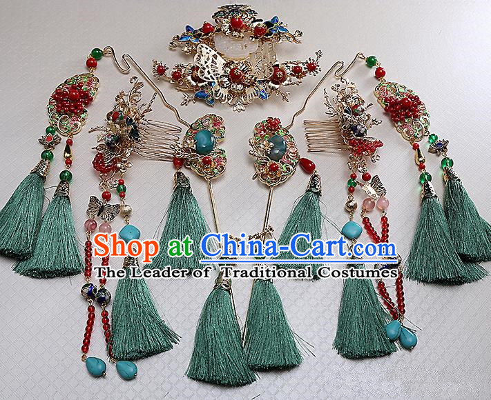 Top Grade Chinese Handmade Wedding Hair Accessories Phoenix Coronet Complete Set, Traditional China Xiuhe Suit Bride Step Shake Hanfu Tassel Hairpins Headdress for Women