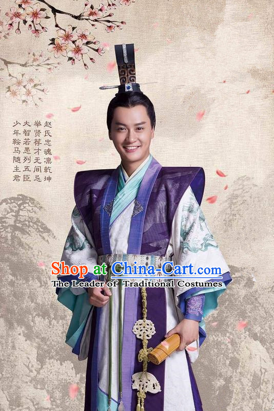 Traditional Ancient Chinese Chunqiu Period Dynasty Prince Costume and Headpiece Complete Set, Chinese Chong Er Preach Nobility Childe Robe Clothing for Men