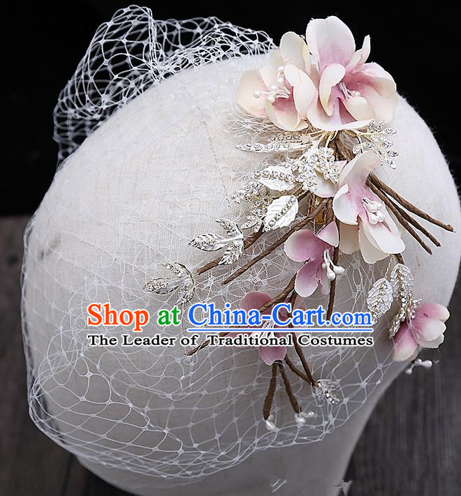 Top Grade Handmade Wedding Hair Accessories Bride Pink Flower Veil Hair Stick, Traditional Baroque Princess Headband Headpiece for Women