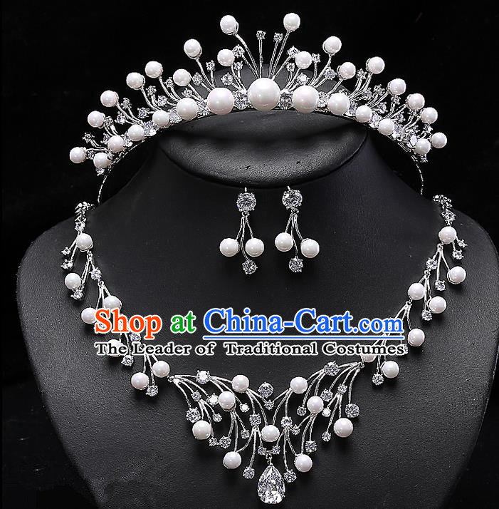 Top Grade Handmade Wedding Hair Accessories Bride Princess Zircon Imperial Crown and Necklace Earrings, Traditional Baroque Crystal Royal Crown Wedding Headwear for Women