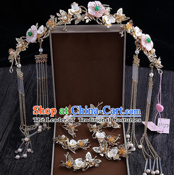 Top Grade Chinese Handmade Wedding Hair Accessories Complete Set, Traditional China Xiuhe Suit Bride Hairpins Phoenix Coronet Hanfu Tassel Step Shake Headdress for Women