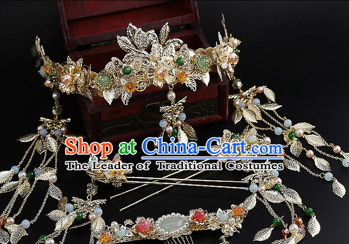 Top Grade Chinese Handmade Wedding Jade Hair Accessories, Traditional China Xiuhe Suit Bride Phoenix Coronet Tassel Headdress Hairpins Complete Set for Women