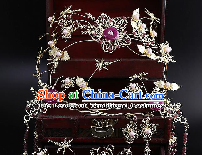 Top Grade Chinese Handmade Wedding Hair Accessories Purple Forehead Ornament, Traditional China Xiuhe Suit Bride Tassel Hairpins Complete Set for Women