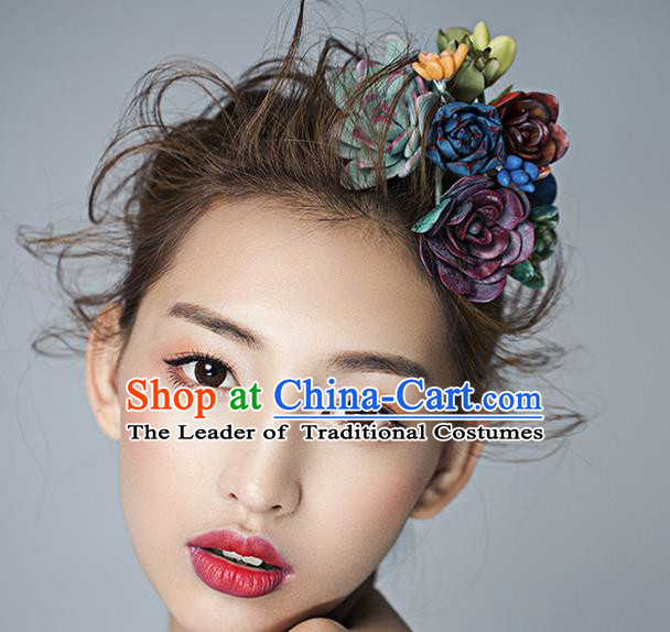 Top Grade Handmade Wedding Hair Accessories Bride Flowers Hair Claw, Traditional Baroque Princess Hairpins Headdress for Women