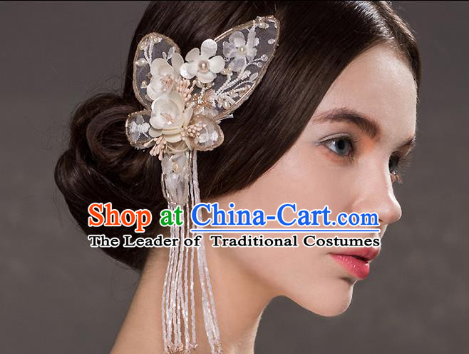 Top Grade Handmade Wedding Dragonfly Hair Accessories Bride Butterfly Hair Stick, Traditional Baroque Princess Tassel Hair Clip Headband Headdress for Women