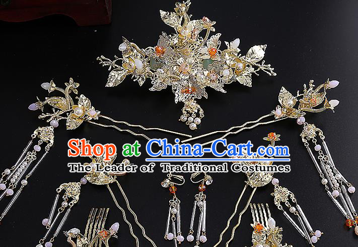 Top Grade Chinese Handmade Wedding Hair Accessories Hairpins Complete Set, Traditional China Xiuhe Suit Bride Phoenix Coronet Hanfu Tassel Headdress for Women