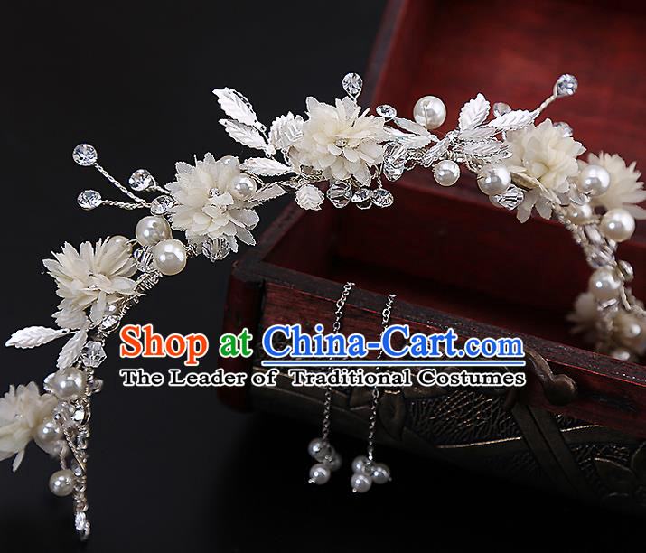 Top Grade Handmade Wedding Dragonfly Hair Accessories Bride Flowers Hair Clasp and Tassel Earrings, Traditional Baroque Princess Hair Stick Headband Headdress for Women