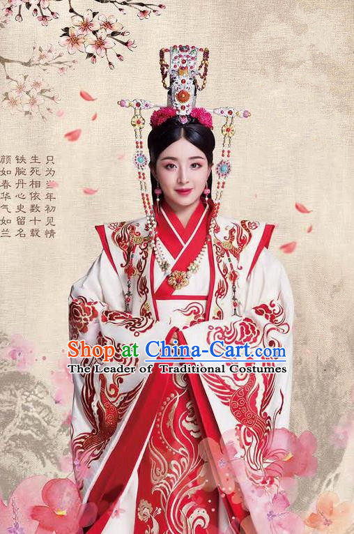Traditional Ancient Chinese Chunqiu Period Dynasty Imperial Empress Costume and Headpiece Complete Set, Chinese Chong Er Preach Bride Imperial Concubine Embroidered Hanfu Clothing