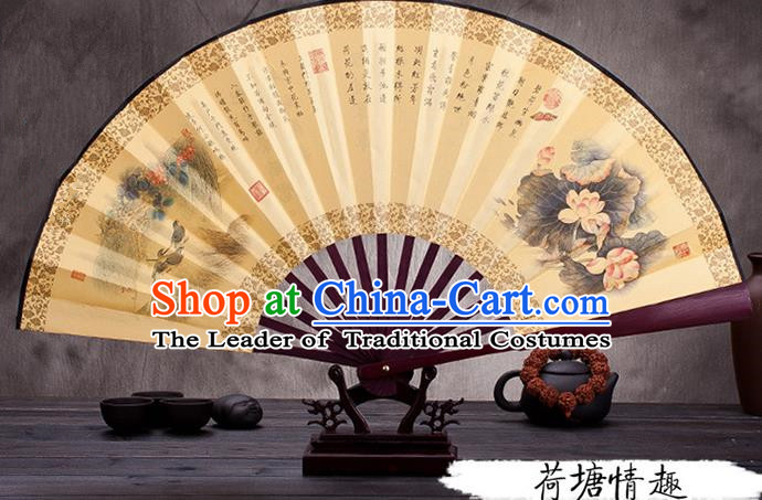 Traditional Chinese Ancient Peking Opera Accessories Scholar Ink Painting Lotus Fan, Traditional Chinese Beijing Opera Young Men Props Folding Fans