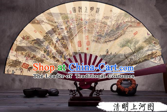 Traditional Chinese Ancient Peking Opera Accessories Scholar Ink Painting Riverside Scene at Qingming Festival Fan, Traditional Chinese Beijing Opera Young Men Props Folding Fans