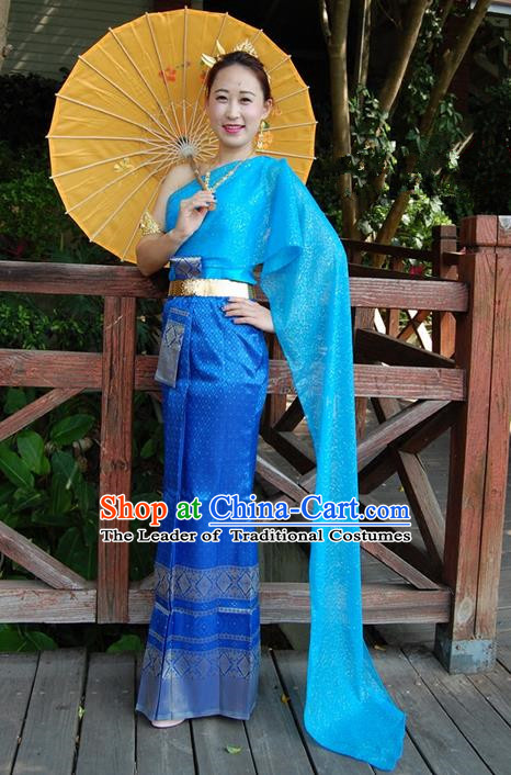 Traditional Traditional Thailand Princess Clothing, Southeast Asia Thai Ancient Costumes Dai Nationality Blue Sari Dress for Women