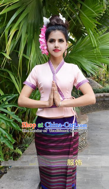 Traditional Traditional Thailand Princess Clothing, Southeast Asia Thai Ancient Costumes Dai Nationality Purple Sari Dress for Women