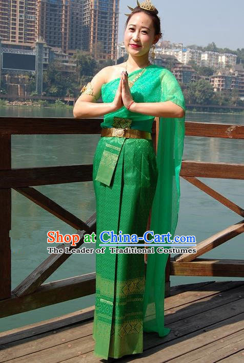 Traditional Traditional Thailand Princess Clothing, Southeast Asia Thai Ancient Costumes Dai Nationality Green Sari Dress for Women