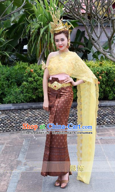 Traditional Traditional Thailand Female Clothing, Southeast Asia Thai Ancient Costumes Dai Nationality Water-Sprinkling Festival Brown Sari Dress for Women