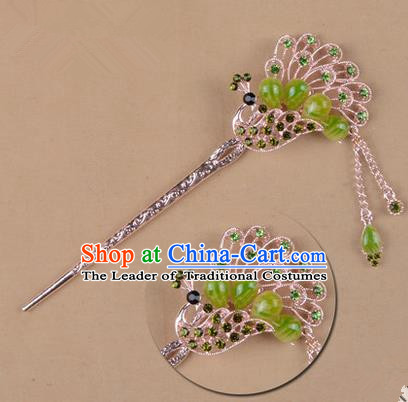 Top Grade Chinese Ancient Peking Opera Hair Accessories Diva Green Crystal Peacock Hairpins Step Shake, Traditional Chinese Beijing Opera Hua Tan Hair Clasp Head-ornaments