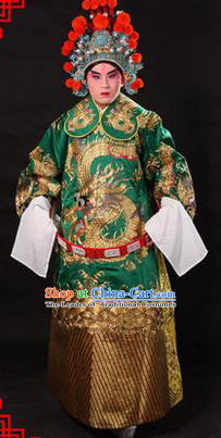 Traditional Chinese Beijing Opera Emperor Clothing and Headwear Complete Set, China Peking Opera His Royal Highness Embroidered Dragon Robe Green Opera Costumes