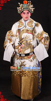 Traditional Chinese Beijing Opera Emperor Clothing and Headwear Complete Set, China Peking Opera His Royal Highness Embroidered Dragon Robe White Opera Costumes