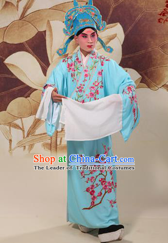 Traditional Chinese Beijing Opera Niche Blue Dress Clothing and Boots Complete Set, China Peking Opera Young Men Costume Embroidered Wintersweet Robe Opera Costumes