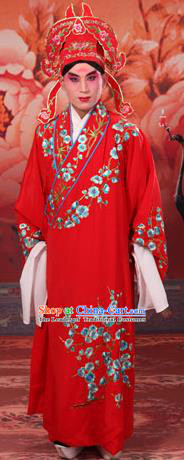 Traditional Chinese Beijing Opera Niche Red Dress Clothing and Boots Complete Set, China Peking Opera Young Men Costume Embroidered Wintersweet Robe Opera Costumes