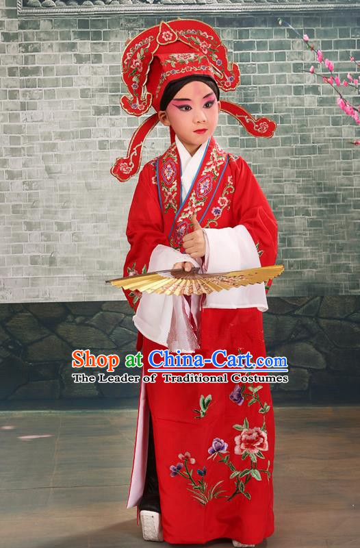 Traditional Chinese Beijing Opera Niche Red Children Clothing and Boots Complete Set, China Peking Opera Young Men Costume Embroidered Robe for Kids