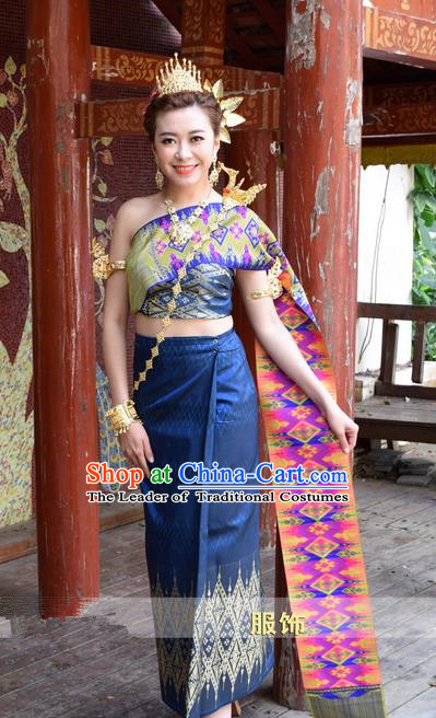 Traditional Traditional Thailand Princess Clothing, Southeast Asia Thai Ancient Costumes Dai Nationality Wedding Blue Sari Dress for Women