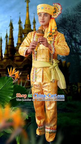 Traditional Traditional Thailand Male Clothing, Southeast Asia Thai Ancient Costumes Dai Nationality Golden Long Sleeve Shirt and Pants Complete Set for Men