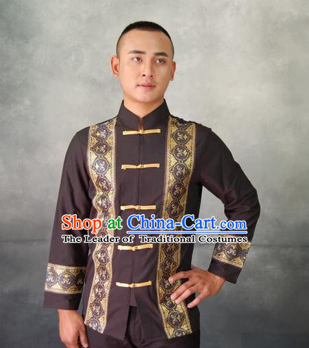 Traditional Traditional Thailand Male Clothing, Southeast Asia Thai Ancient Costumes Dai Nationality Black Shirt for Men