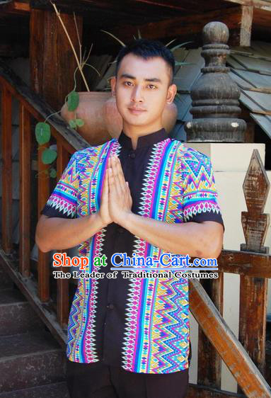 Traditional Traditional Thailand Male Clothing, Southeast Asia Thai Ancient Costumes Dai Nationality Blue Shirt for Men