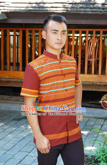Traditional Traditional Thailand Male Clothing, Southeast Asia Thai Ancient Costumes Dai Nationality Coffee Shirt for Men