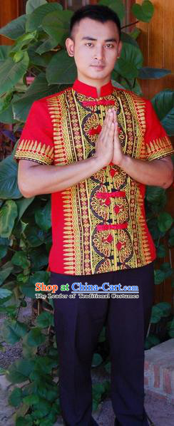 Traditional Traditional Thailand Male Clothing, Southeast Asia Thai Ancient Costumes Dai Nationality Red Shirt for Men