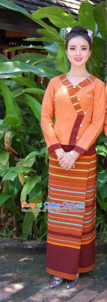 Traditional Traditional Thailand Female Clothing, Southeast Asia Thai Ancient Costumes Dai Nationality Orange Sari Dress for Women