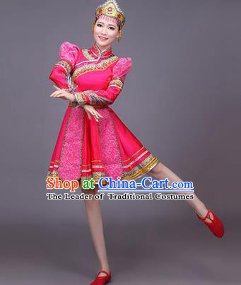 Traditional Chinese Mongol Nationality Dance Costume, Mongols Female Folk Dance Ethnic Pleated Skirt, Chinese Mongolian Minority Nationality Embroidery Pink Short Dress for Women