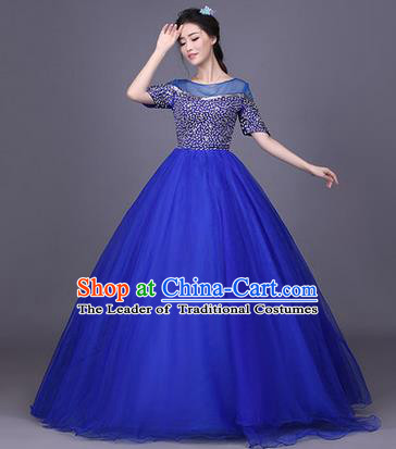 Traditional Chinese Modern Dance Compere Performance Costume, China Opening Dance Chorus Singing Group Clothing, Classical Dance Blue Bubble Dress for Women