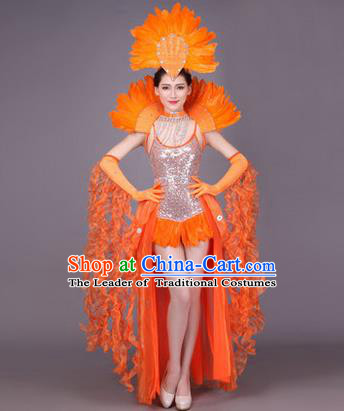 Traditional Chinese Modern Dance Performance Costume, China Opening Dance Samba Dance Clothing, Classical Dance Orange Dress for Women