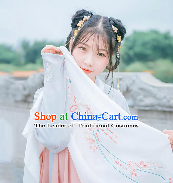 Traditional Chinese Tang Dynasty Palace Princess Embroidered Hanfu White Wearing Silks for Women