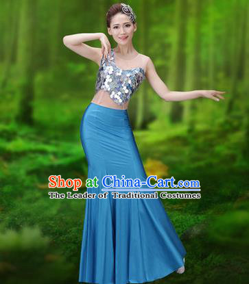 Traditional Chinese Dai Nationality Peacock Dance Costume, Folk Dance Ethnic Pavane Clothing, Chinese Minority Nationality Dance Blue Dress for Women