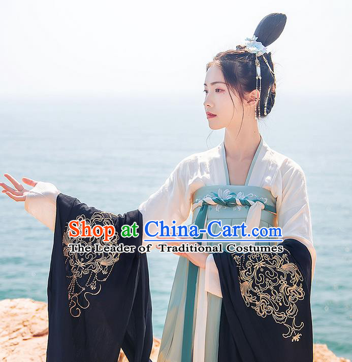 Traditional Chinese Tang Dynasty Palace Princess Embroidered Hanfu Black Wide Wearing Silks for Women