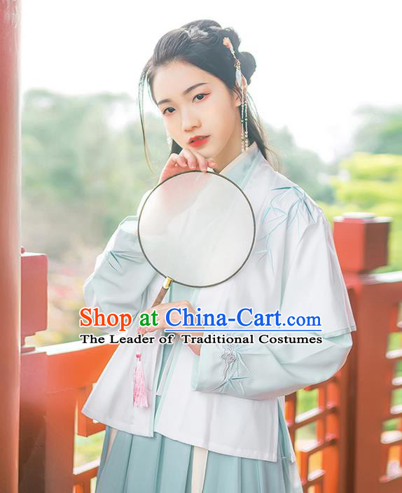 Traditional Chinese Ming Dynasty Young Lady Costume, Elegant Hanfu Clothing Embroidered Bamboo leaves Cardigan Blouse and Green Skirts, Chinese Ancient Princess Dress for Women