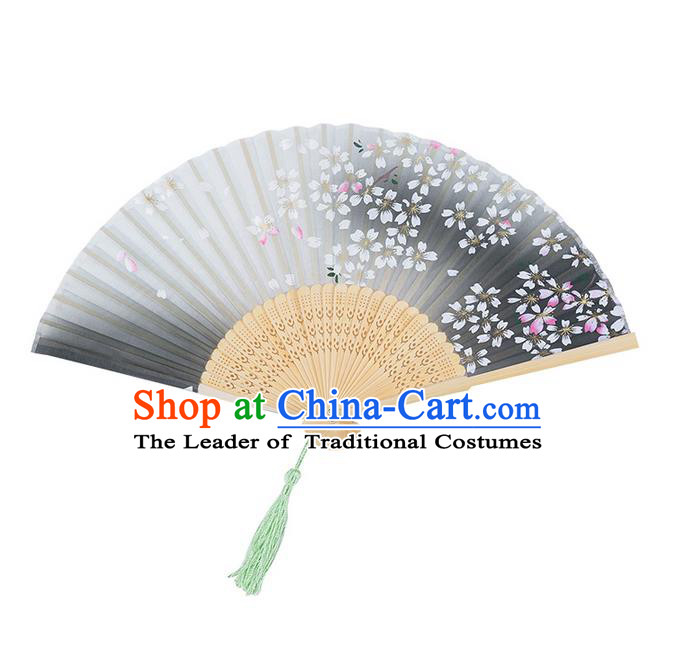 Traditional Chinese Ancient Hanfu Printing Green Folding Fans for Women