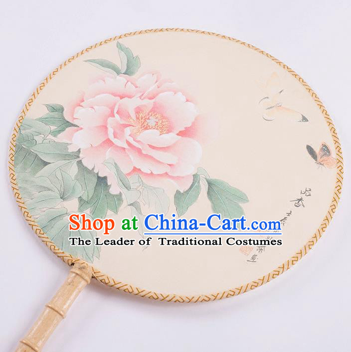 Traditional Chinese Ancient Hanfu Printing Peony Round Fans for Women